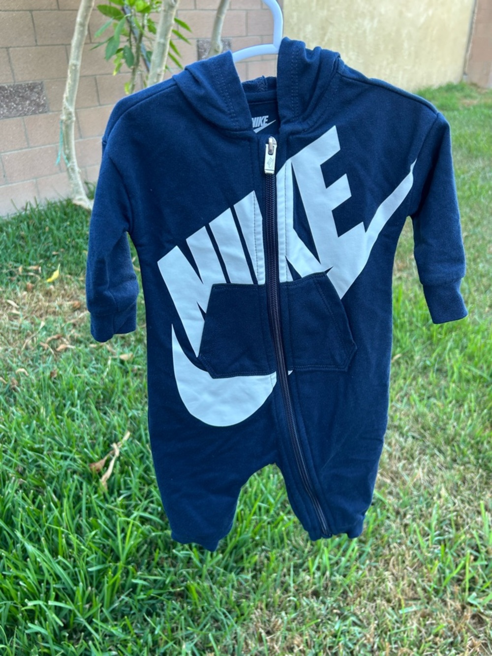 Nike Navy and White Hooded Baby One-Piece Zip Footie